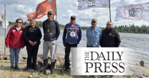 Chiefs show their support for a youth-led protest against Bill 5 and Bill C-5 on the banks of the Attawapiskat River on July 1. From left are: Chief Elizabeth Kataquapit of Fort Albany FN, Chief Sylvia Koostachin-Metatawabin of Attawapiskat FN, Jeronimo Kataquapit, Chief Gary Quisses of Neskantaga, Grand Chief Leo Friday of Mushkegowuk Council and Chief Hosea Wesley of Kashechewan FN. Jeronimo Kataquapit/Supplied photo