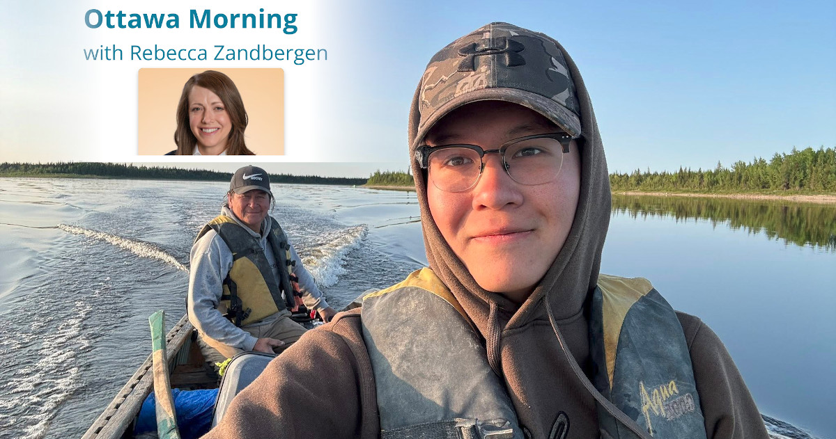 Jeronimo Kataquapit and his father on the Attawpaiskat River with the CBC Ottawa Radio logo