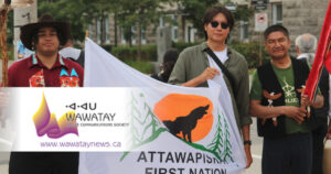 photo by Ray Hookimaw, Attawapiskat FN First Nation protest leaders at the July 17 Chiefs meeting with Prime Minister Mark Carney concerning Bill C5. From L-R: Ramon Kataquapit, Jeronimo Kataquapit and Danny Metatawabin.