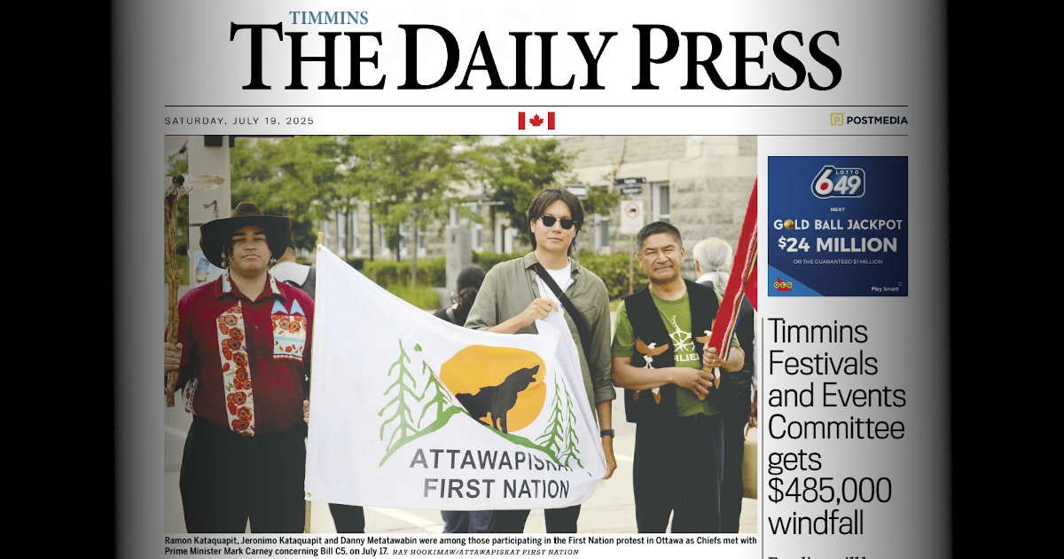 Ramon Kataquapit, Jeronimo Kataquapit and Danny Metatawabin were among those participating in the First Nation protest in Ottawa as Chiefs met with Prime Minister Mark Carney concerning Bill C5, on July 17. Photo by RAY HOOKIMAW /ATTAWAPISKAT FIRST NATION