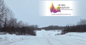 The James Bay Winter Ice Road near Attawapiskat First Nation on the James Bay coast with the Wawatay News Logo