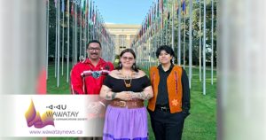 Nishnawbe-Aski Nation First Nation Youth Delegation at the UN Expert Mechanism on the Rights of Indigenous Peoples (EMRIP) in Gevena, Switzerland are from L-R: Ryan Fleming, Attawapiskat FN; Keira Spence, Moose Cree FN and Kohen Mattinas, Lac Seul FN / Constance Lake FN.