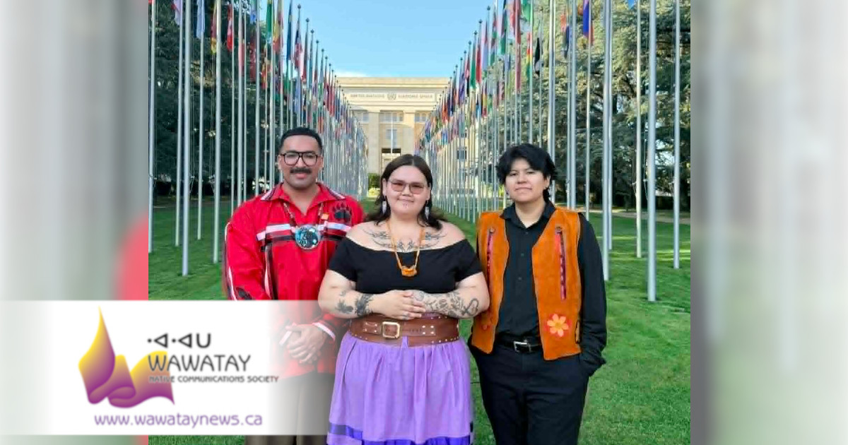 Nishnawbe-Aski Nation First Nation Youth Delegation at the UN Expert Mechanism on the Rights of Indigenous Peoples (EMRIP) in Gevena, Switzerland are from L-R: Ryan Fleming, Attawapiskat FN; Keira Spence, Moose Cree FN and Kohen Mattinas, Lac Seul FN / Constance Lake FN.