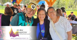 Many First Nations come together at every Pow Wow to celebrate culture and heritage. At the Matachewan FN Annual Pow Wow which ran August 29 and 30 are from L-R: Traditional Dancer George Rose, Attawapiskat FN; Elder Vina Hendrix-Landry, Matachewan FN and Betty Naveau, Mattagami FN. photo by Xavier Kataquapit